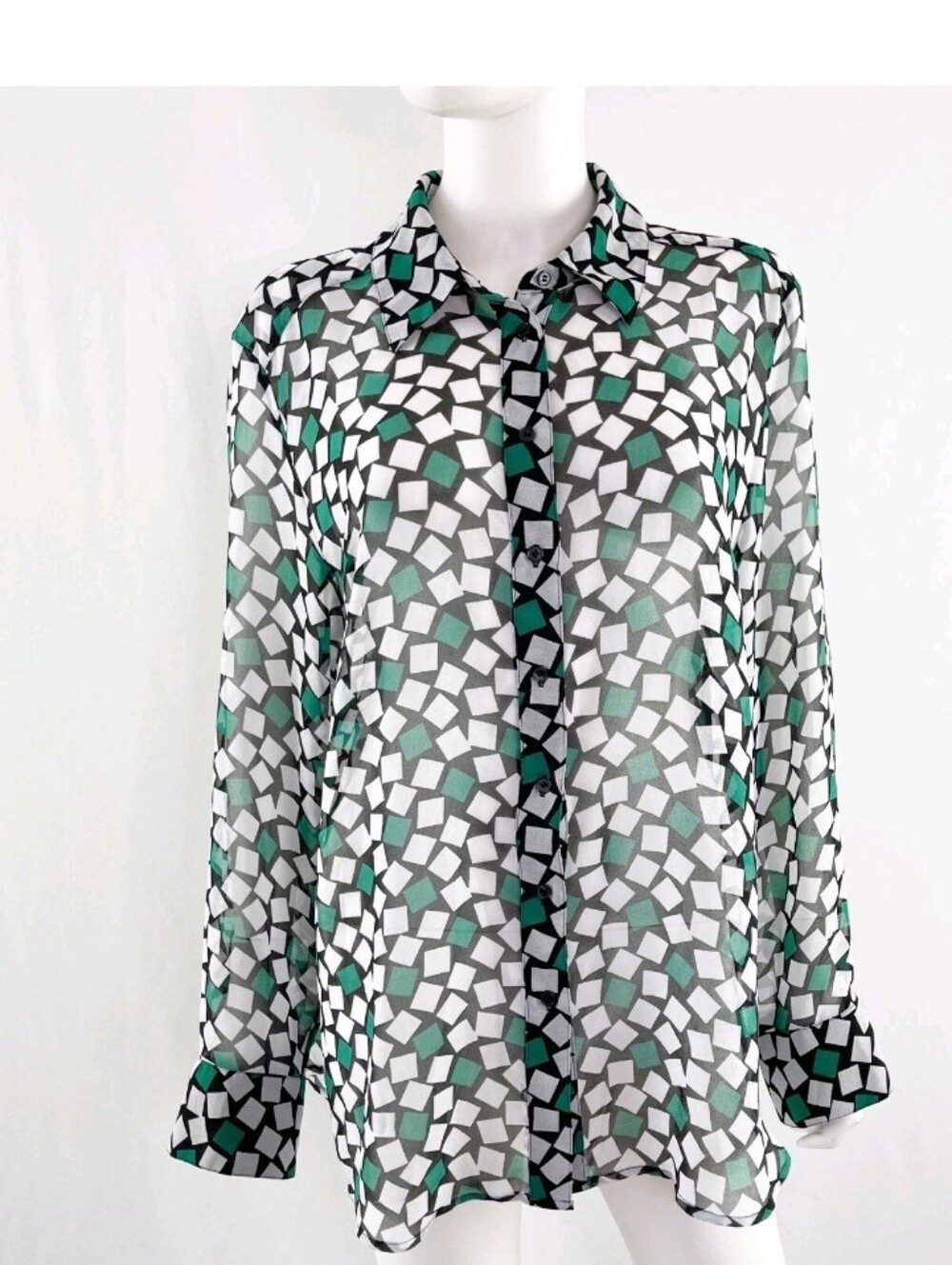 Lane Bryant Sheer Geometric Button-Front Blouse in Green and White